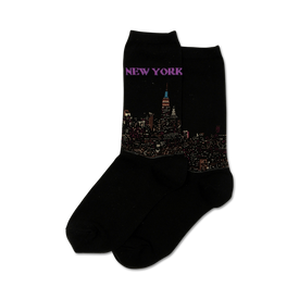 black women's crew socks with a vibrant pattern of the new york city skyline in bright colors.  
