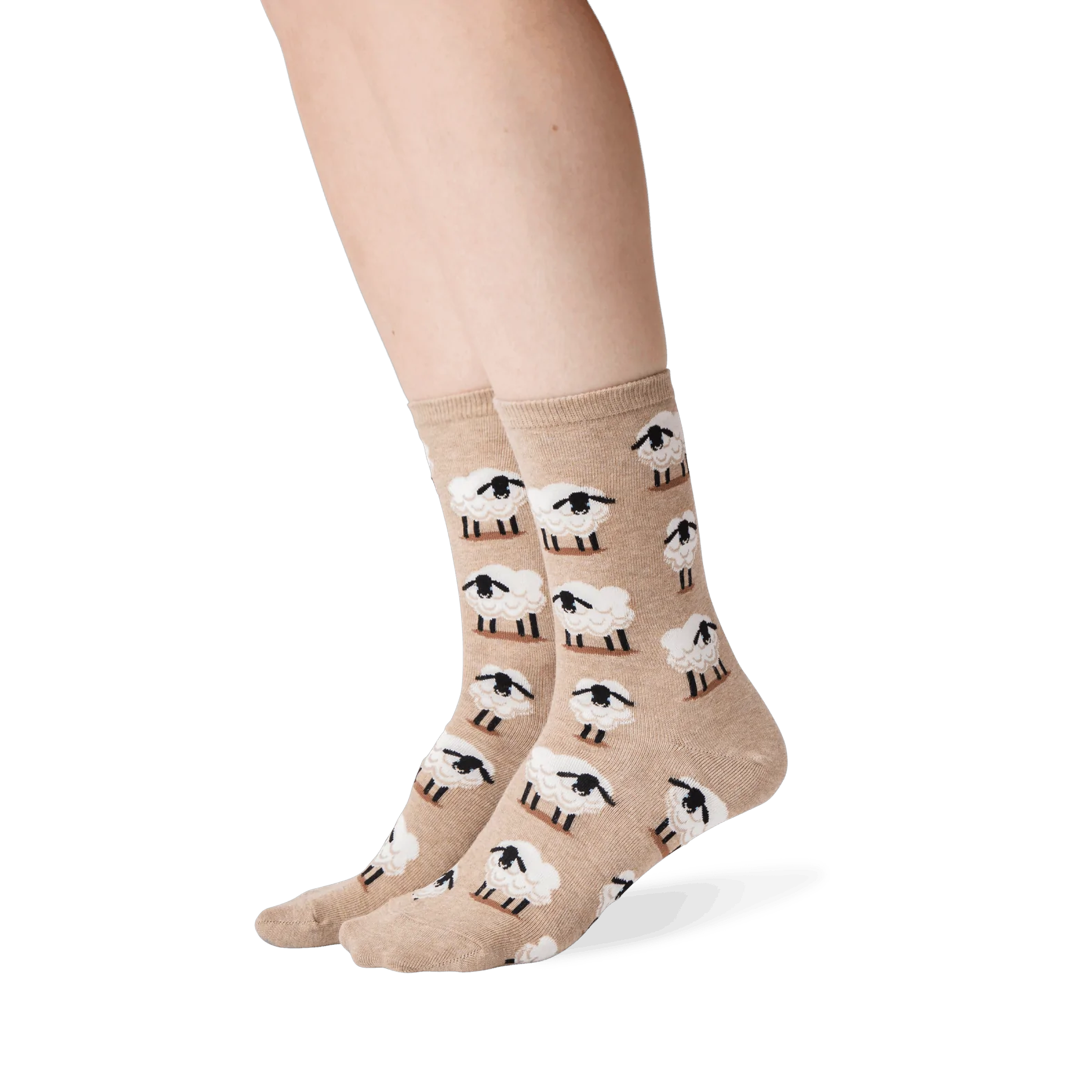 Lifestyle shot showing the sheep socks on a person's legs, showcasing how they look when worn.