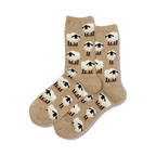 Pair of tan crew socks with a repeating pattern of adorable little white sheep with black faces.