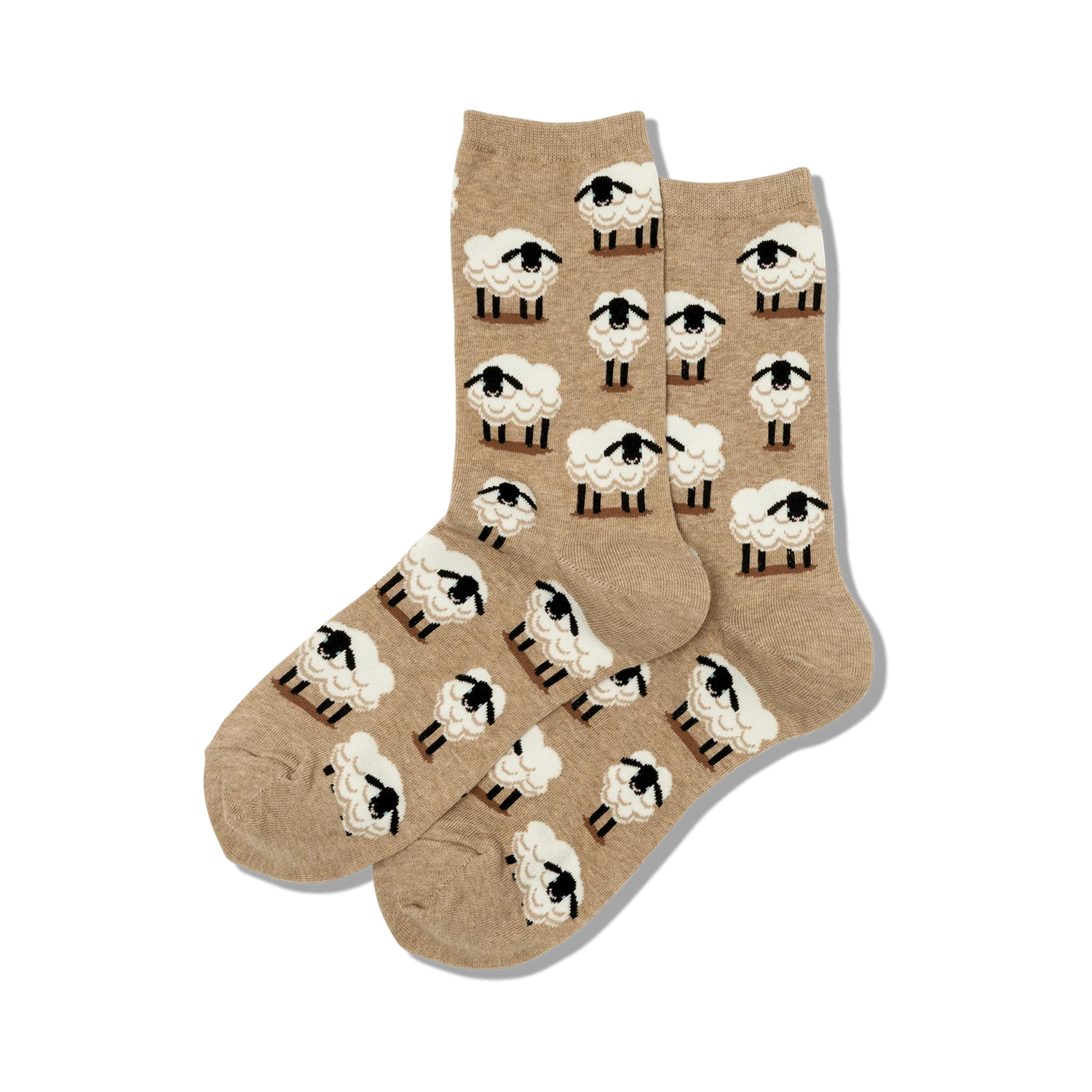 Pair of tan crew socks with a repeating pattern of adorable little white sheep with black faces.