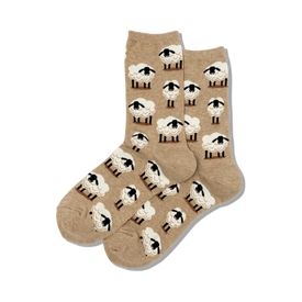 light brown crew socks with a pattern of cartoon white sheep with black faces and feet.  