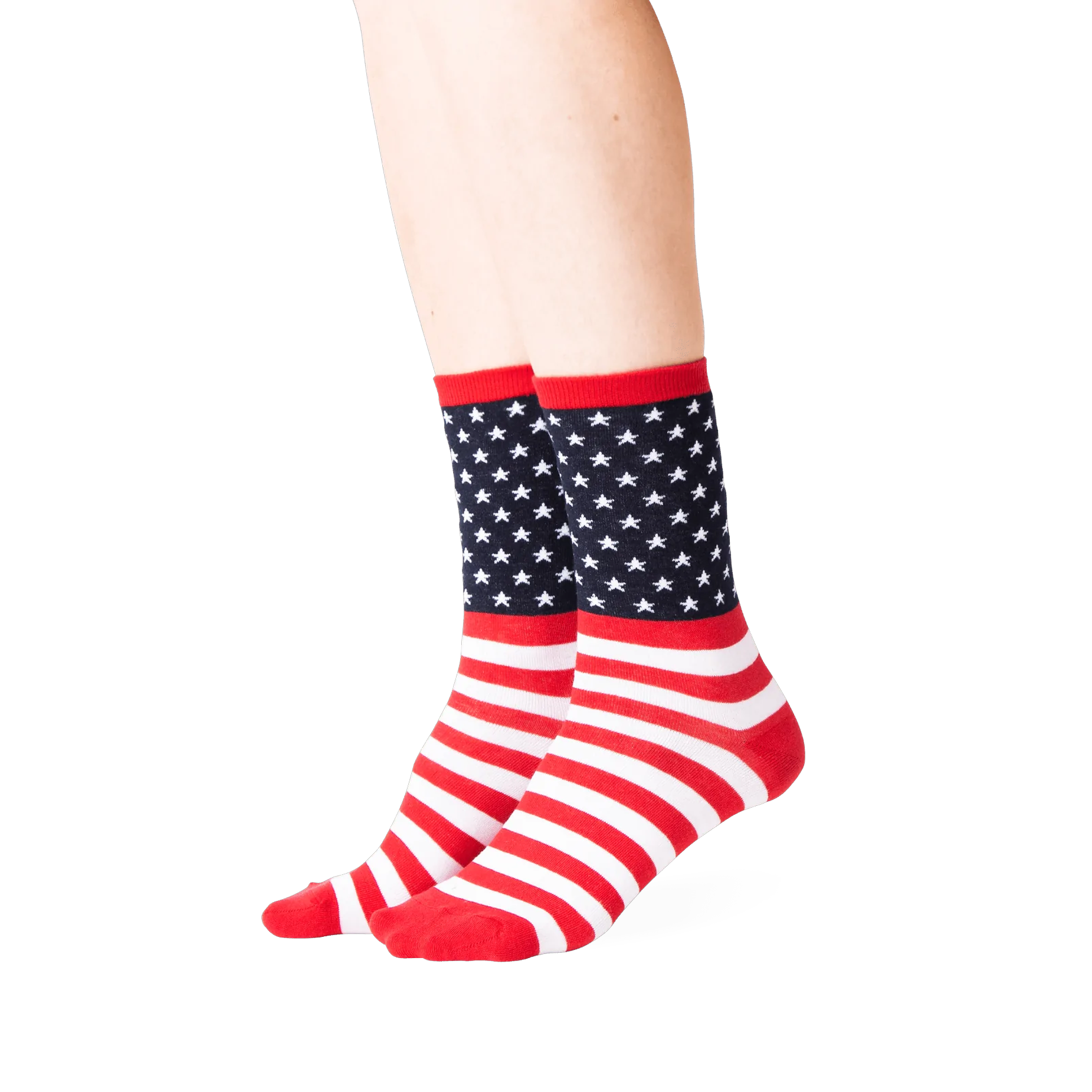 Lifestyle photo showing the American Flag socks on a person's feet.