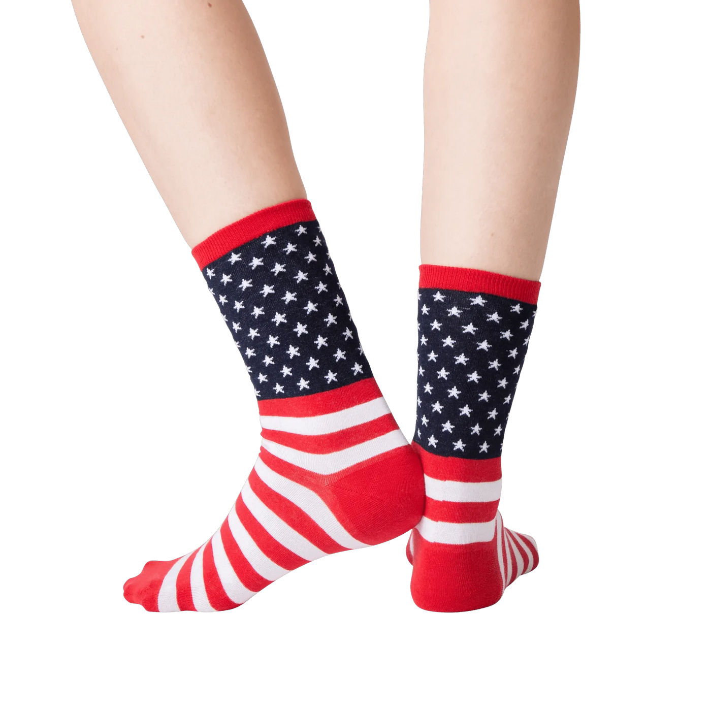 Back view of the American Flag socks on a person's feet.