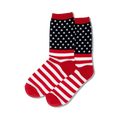 Pair of crew socks in red, white, and blue.  The socks feature a navy blue band with white stars and red and white stripes.