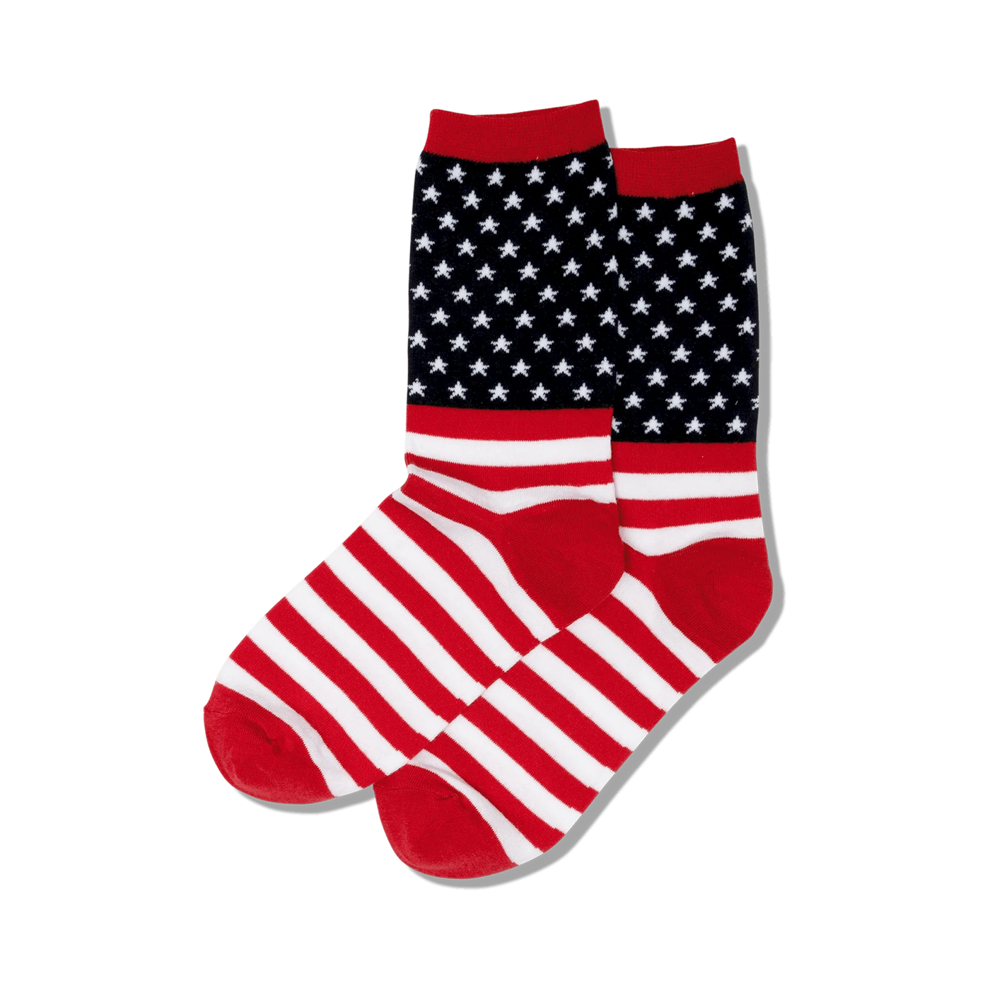 Pair of crew socks in red, white, and blue.  The socks feature a navy blue band with white stars and red and white stripes.