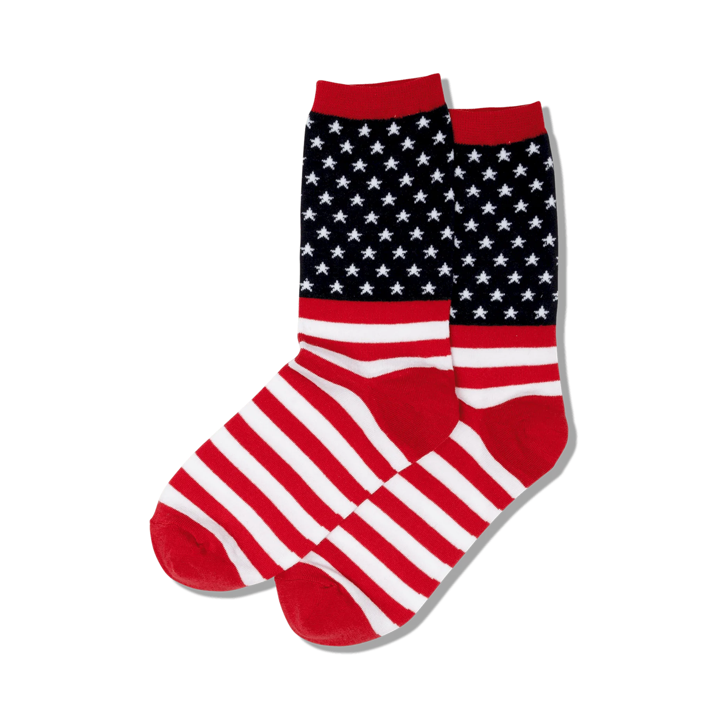 Pair of crew socks in red, white, and blue.  The socks feature a navy blue band with white stars and red and white stripes.