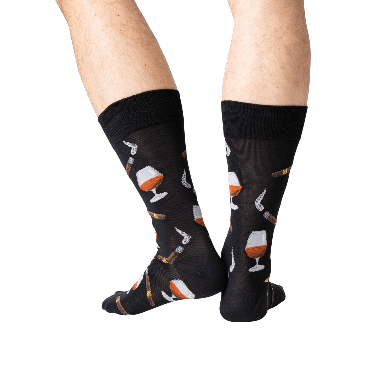 Back view lifestyle shot of a man's legs wearing the navy Cognac and Cigars socks.