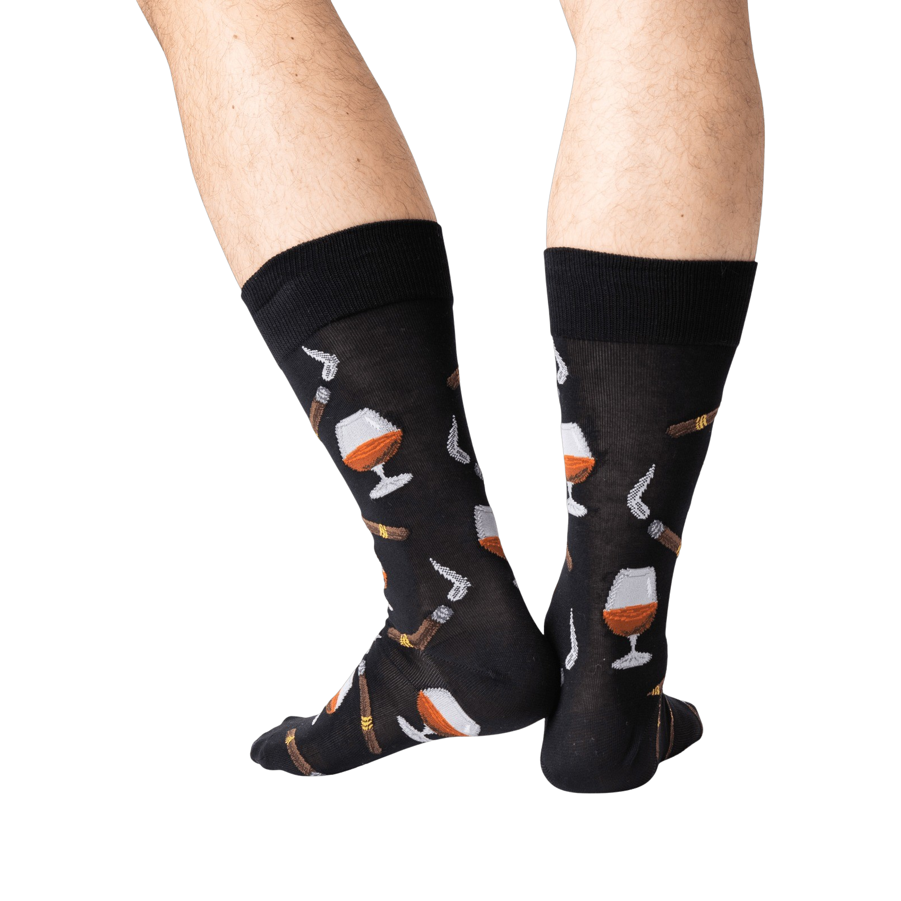 Back view lifestyle shot of a man's legs wearing the navy Cognac and Cigars socks.