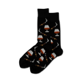 Pair of crew socks in black with a repeating pattern of cognac glasses and cigars.