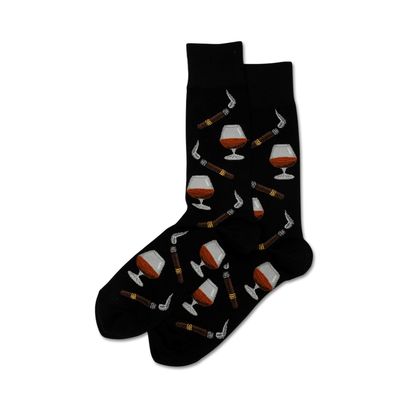 Pair of crew socks in black with a repeating pattern of cognac glasses and cigars.