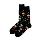 Pair of crew socks in black with a repeating pattern of cognac glasses and cigars.