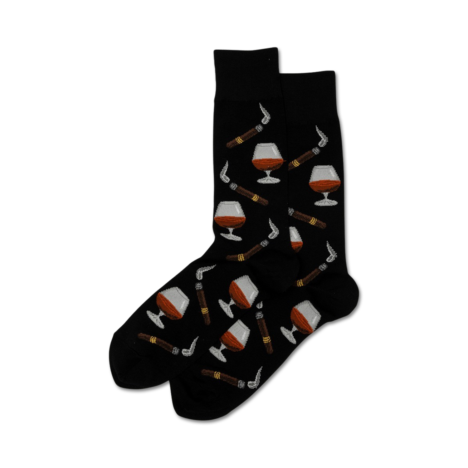 Pair of crew socks in black with a repeating pattern of cognac glasses and cigars.