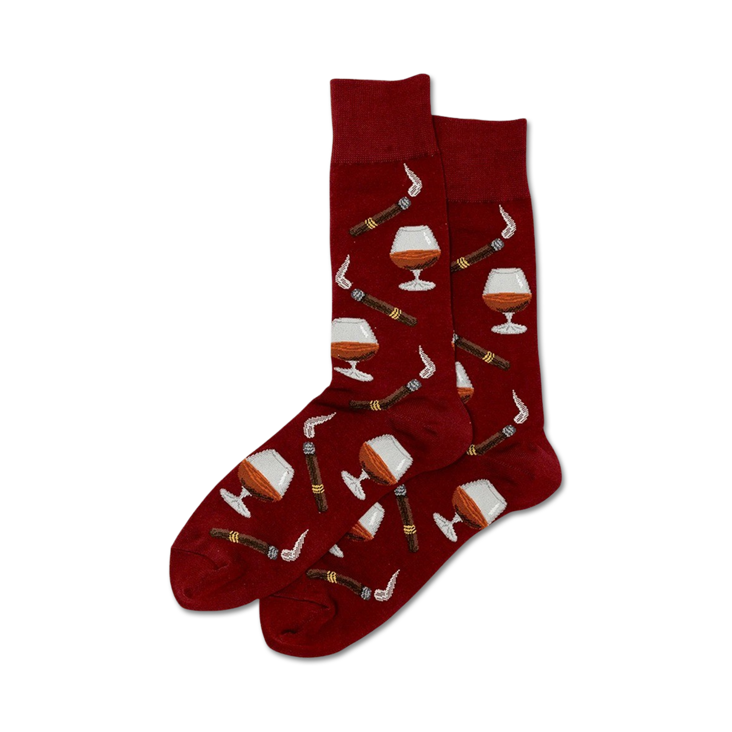Pair of crew socks in burgundy with a repeating pattern of cognac glasses and cigars.