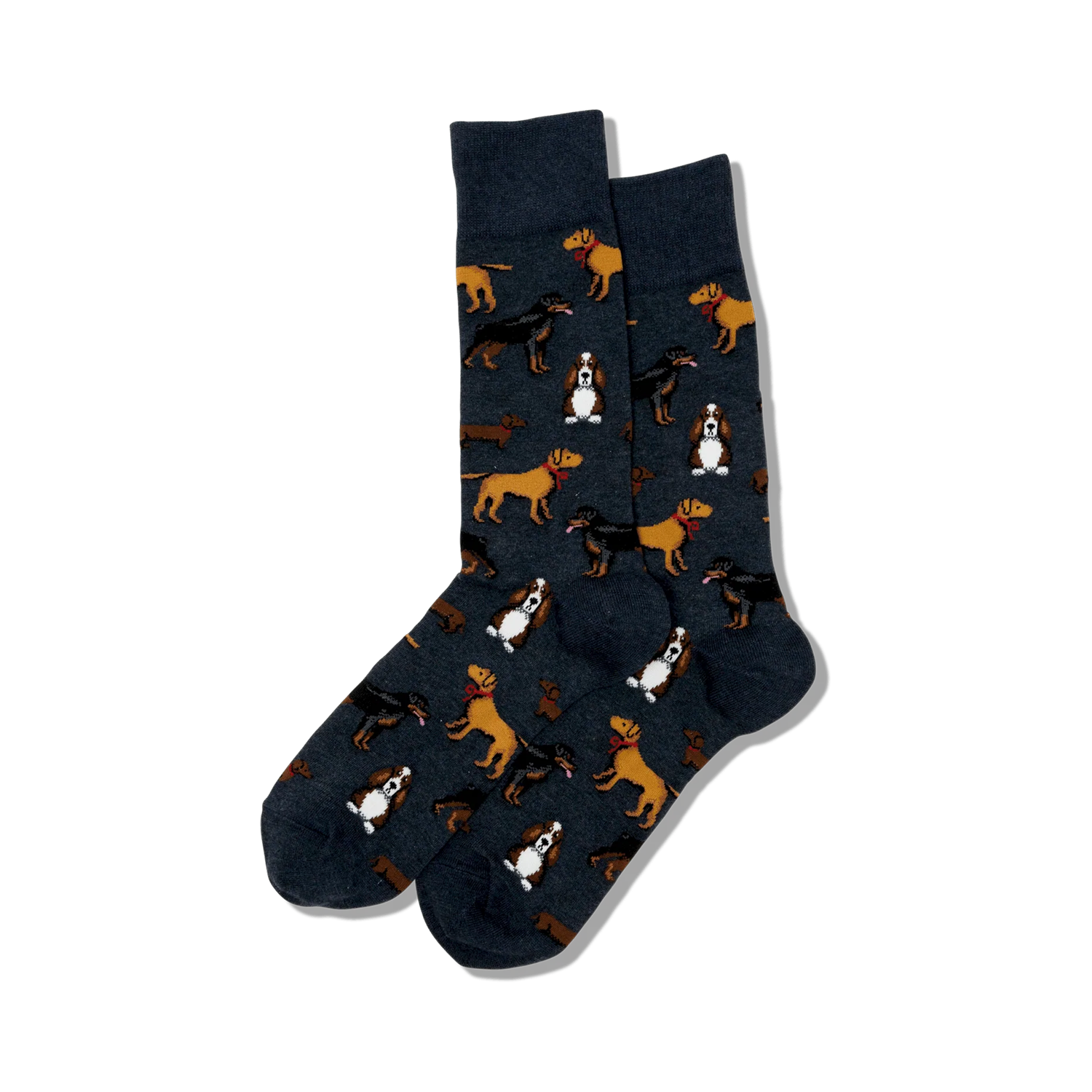 Pair of crew socks, dark grey, featuring a repeating pattern of various dog breeds in brown and tan.