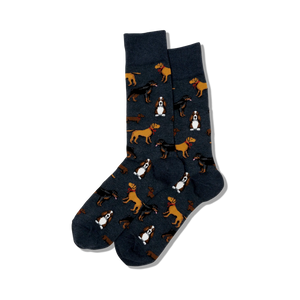mens multi dog crew socks feature blue design with a variety of dog breeds   