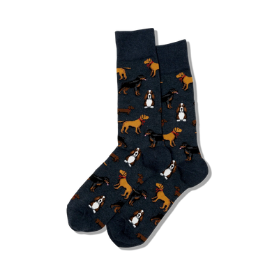 mens multi dog crew socks feature blue design with a variety of dog breeds   