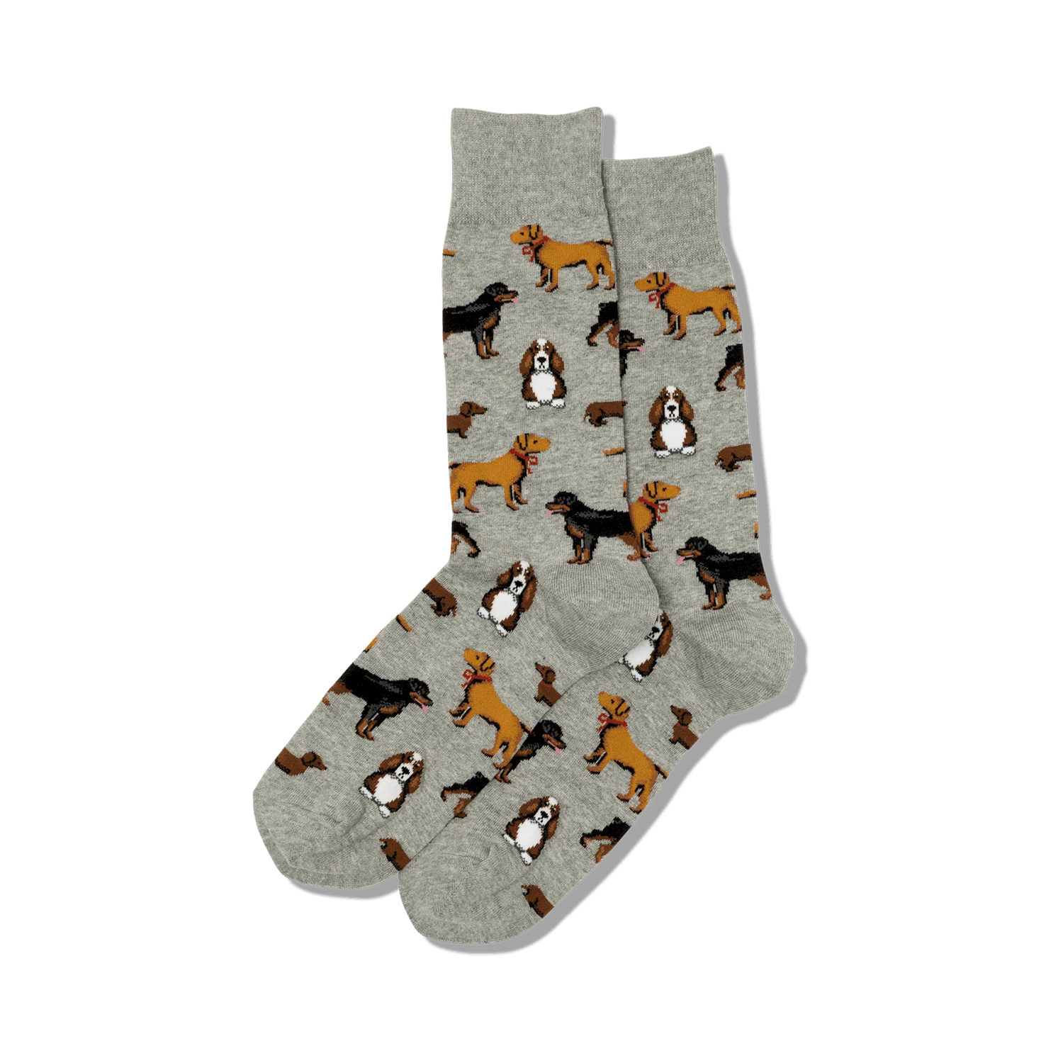 Pair of crew socks in light grey with repeating pattern of various dog breeds in brown and tan.