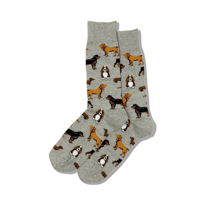 men's gray multi dog crew socks featuring brown and black dogs with collars.  