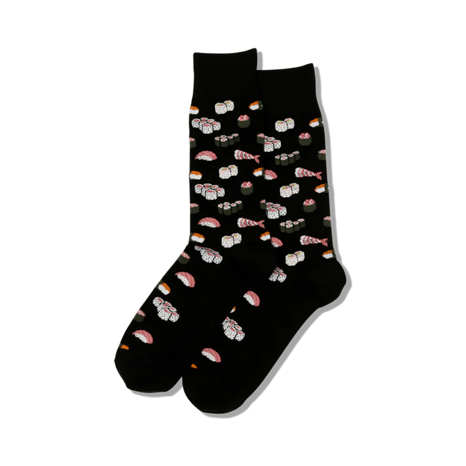 Pair of crew socks, black and gray options, featuring a fun all-over print of various sushi pieces.