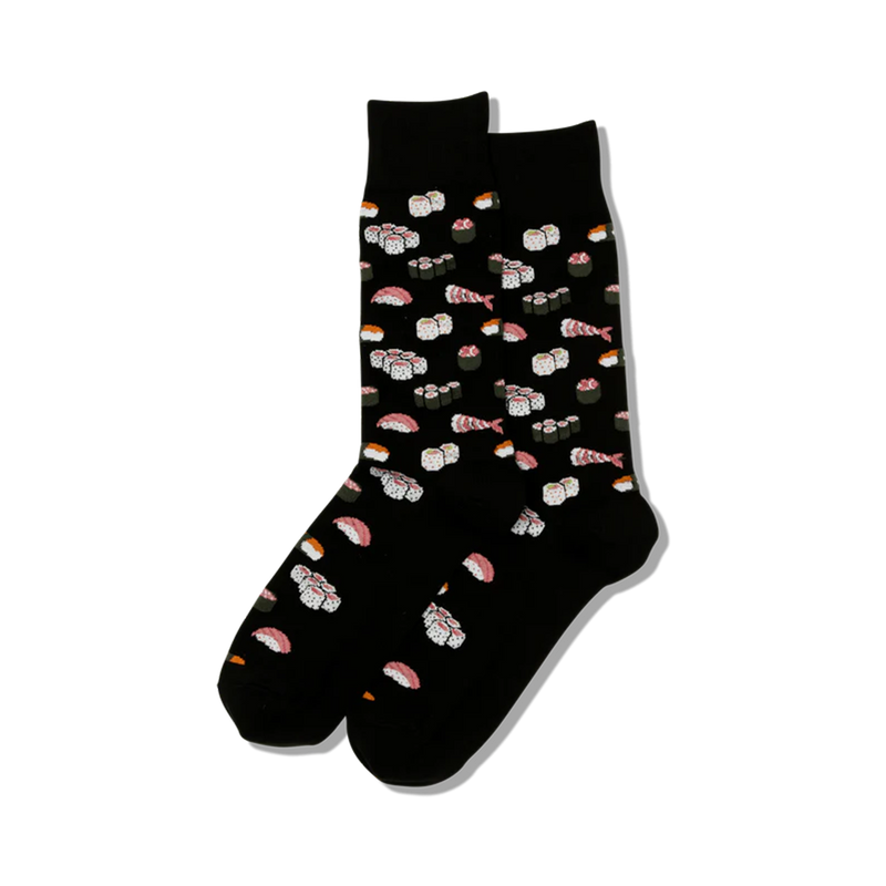 Pair of crew socks, black and gray options, featuring a fun all-over print of various sushi pieces.