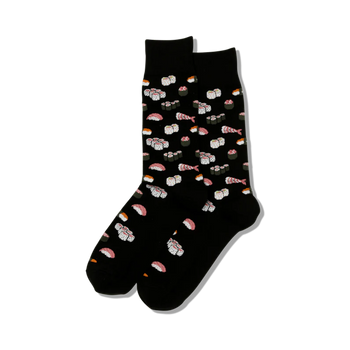 crew length cotton socks featuring a sushi pattern of nigiri, maki, and sashimi.  
