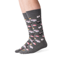 Studio shot of a model wearing gray sushi socks, highlighting the fit and design.