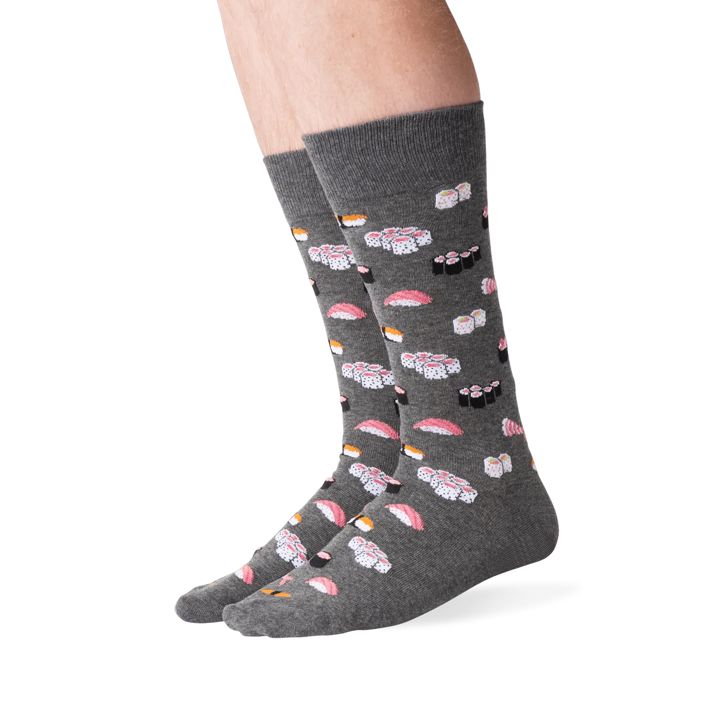 Studio shot of a model wearing gray sushi socks, highlighting the fit and design.