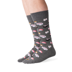 Studio shot of a model wearing gray sushi socks, highlighting the fit and design.