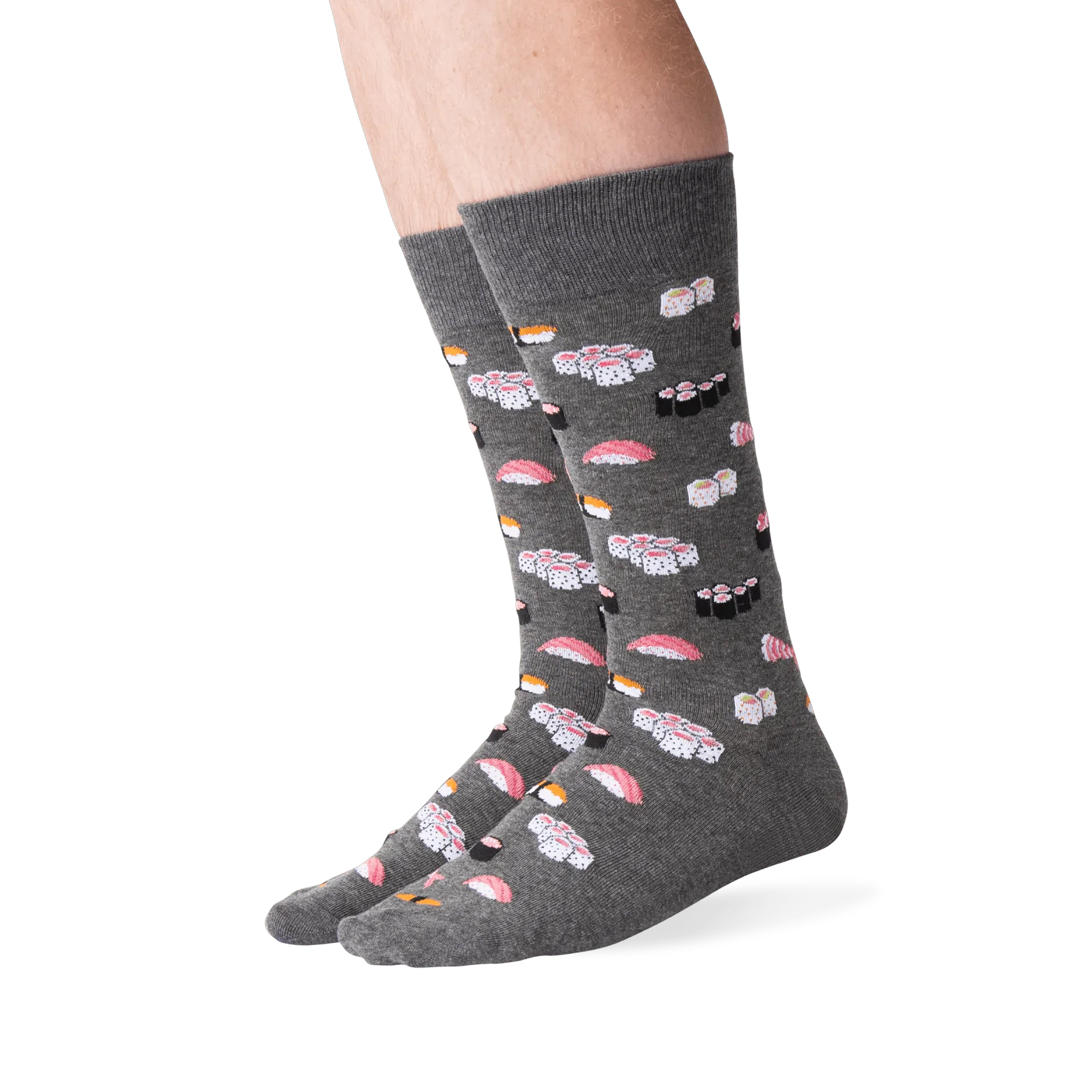 Studio shot of a model wearing gray sushi socks, highlighting the fit and design.