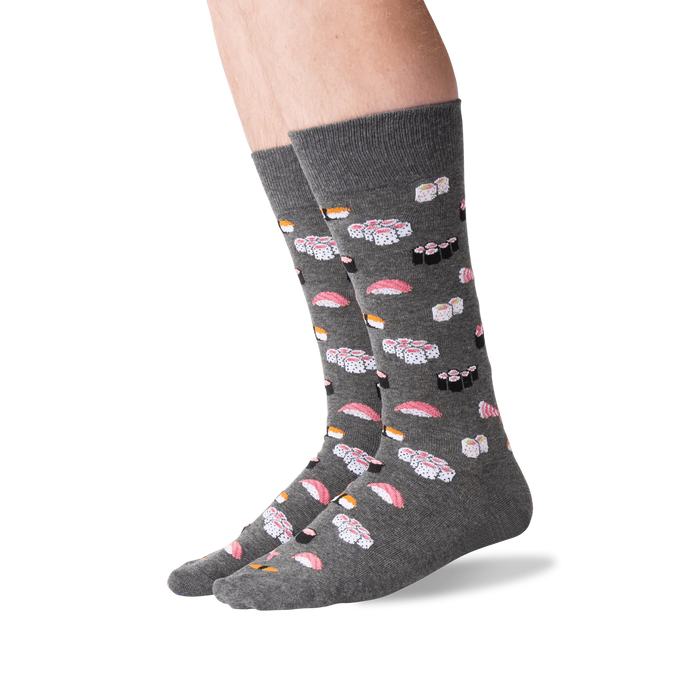 A pair of gray socks with a sushi pattern.