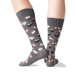 A pair of gray socks with a sushi pattern.