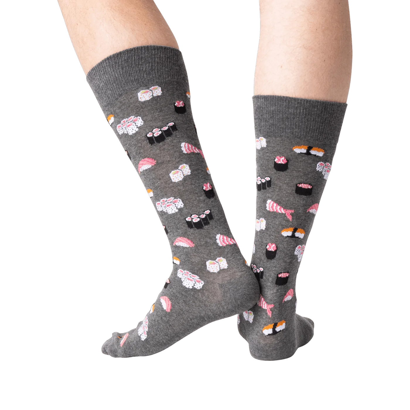 Studio shot of a pair of gray sushi socks from the back, showcasing the full print.