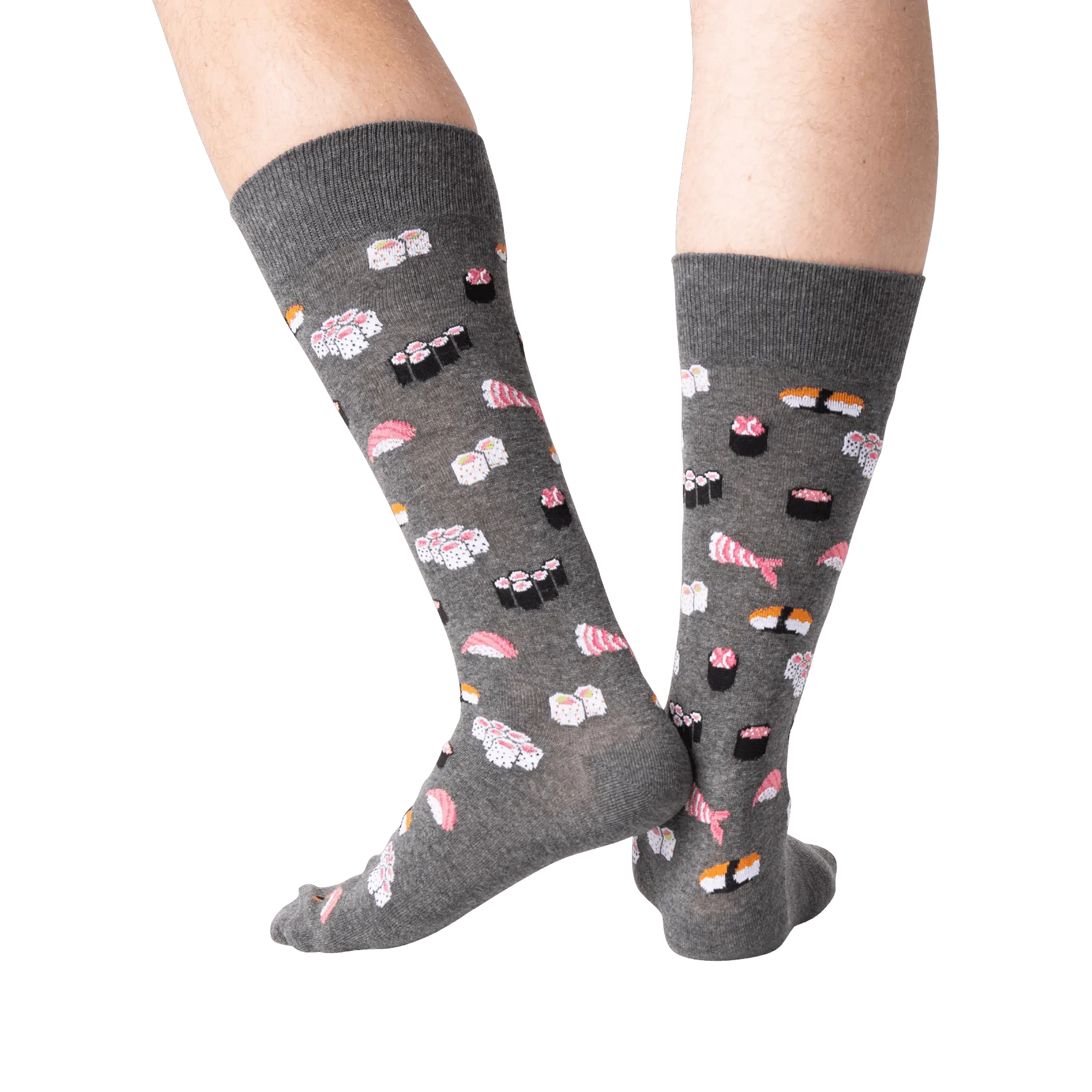 Studio shot of a pair of gray sushi socks from the back, showcasing the full print.