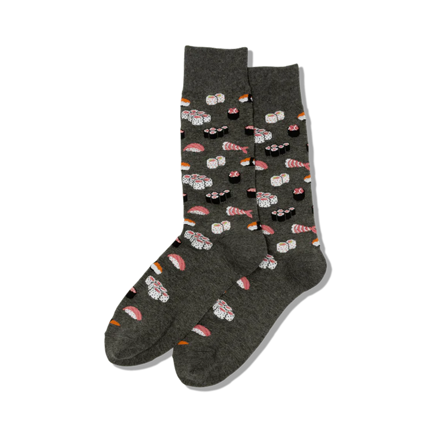 Lifestyle photo of a person wearing black sushi socks and enjoying sushi on a beach.
