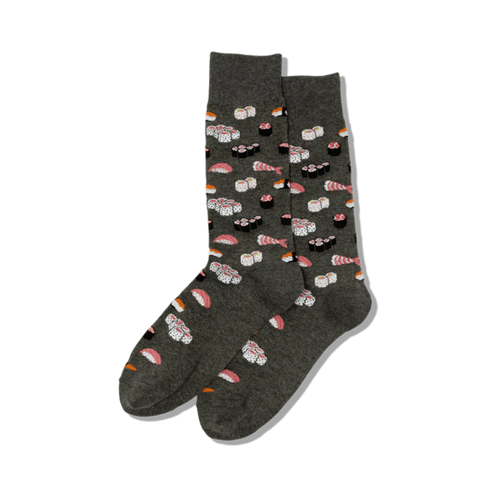 crew-length mens gray socks with a fun all-over pattern of different sushi rolls.  