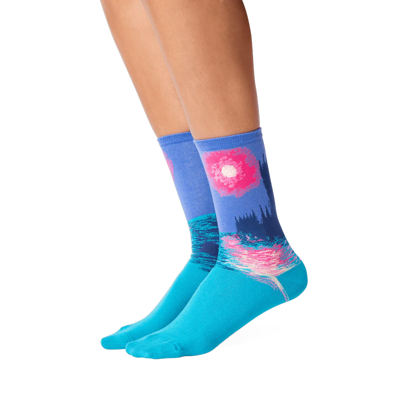 Lifestyle shot showing the Monet's Houses of Parliament at Sunset socks on a person's legs.