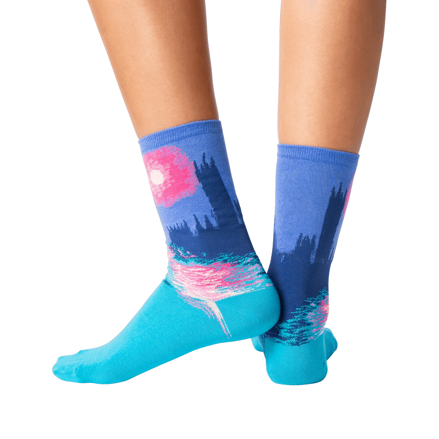 Back view of the Monet's Houses of Parliament at Sunset socks on a person's legs.