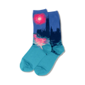 Pair of crew socks in teal, purple, and pink.  Features an Impressionist-style depiction of the Houses of Parliament at sunset.