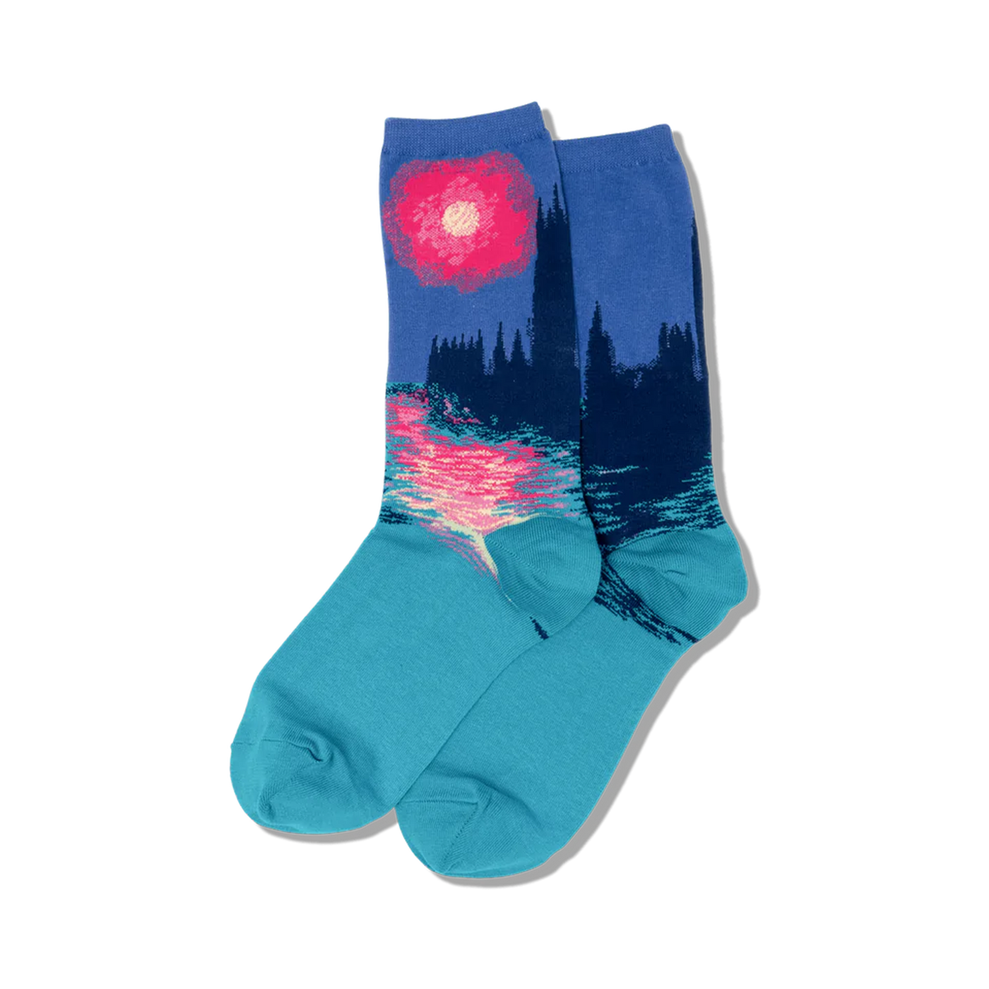 Pair of crew socks in teal, purple, and pink.  Features an Impressionist-style depiction of the Houses of Parliament at sunset.