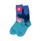 Pair of crew socks in teal, purple, and pink.  Features an Impressionist-style depiction of the Houses of Parliament at sunset.