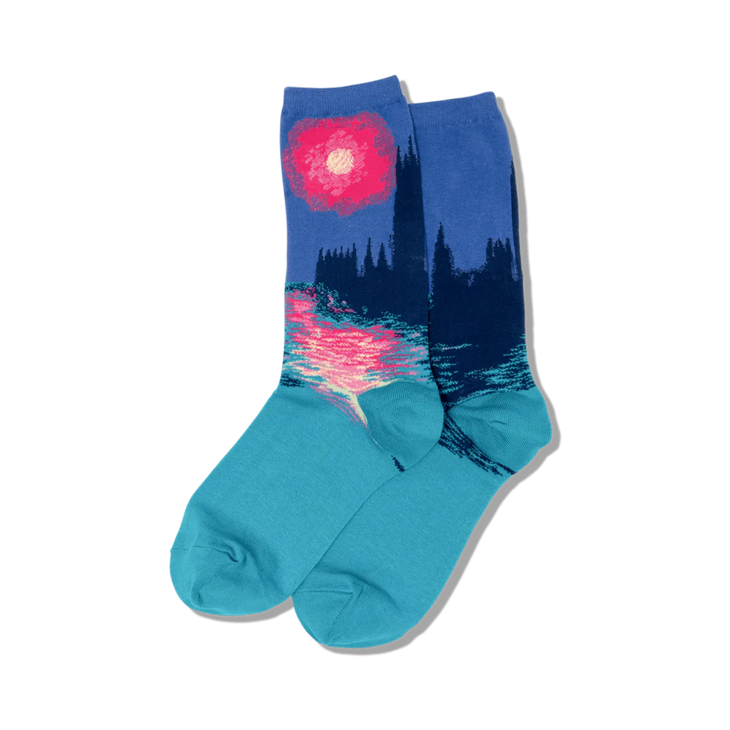 Pair of crew socks in teal, purple, and pink.  Features an Impressionist-style depiction of the Houses of Parliament at sunset.