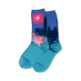 monet's houses of parliament at sunset socks: crew-length, women's socks featuring claude monet's famous painting, with pink, blue, and orange accents.   