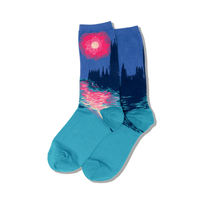 monet's houses of parliament at sunset socks: crew-length, women's socks featuring claude monet's famous painting, with pink, blue, and orange accents.   