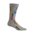 Grey crew socks with colorful pixelated electric guitars in yellow, blue, red, and green.