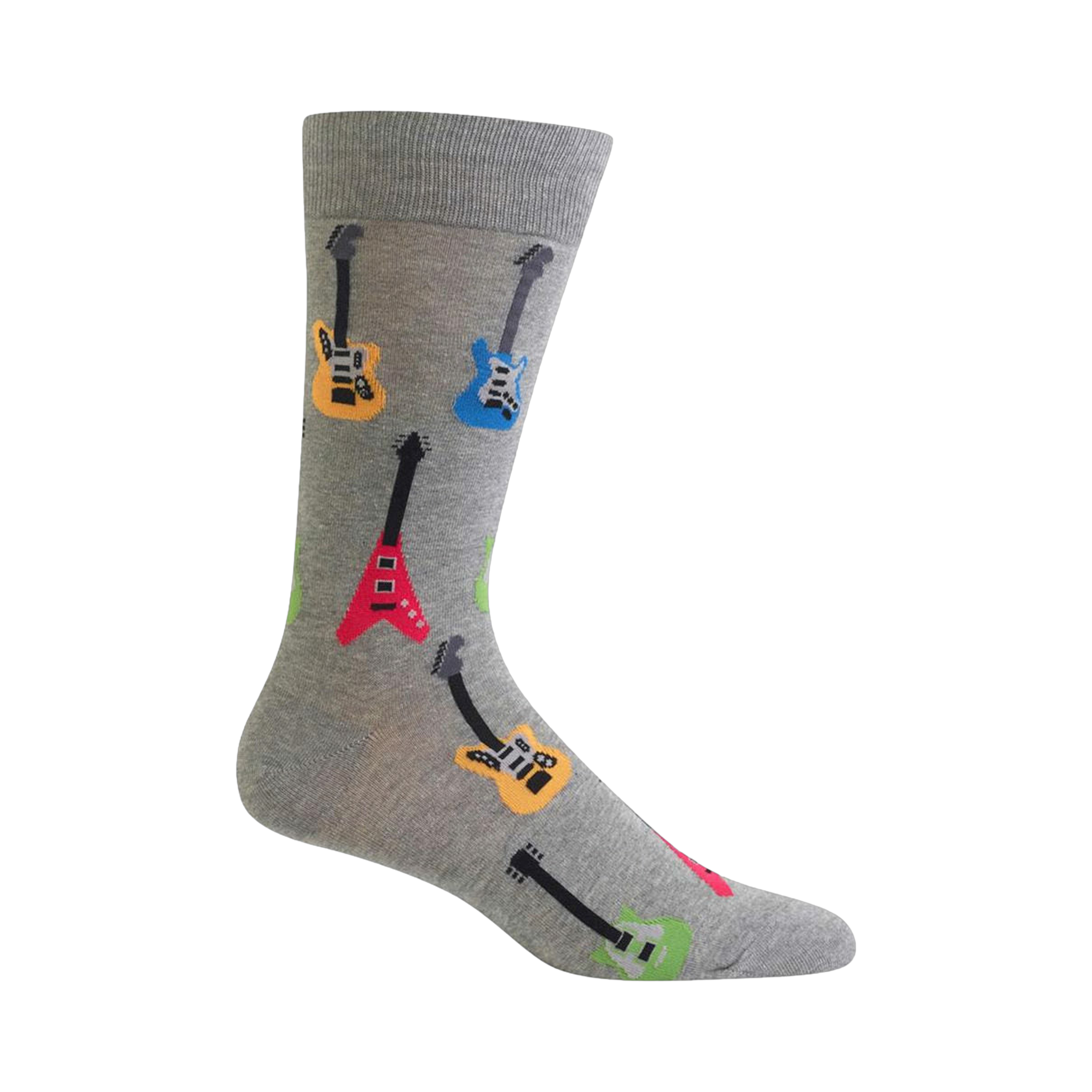 Grey crew socks with colorful pixelated electric guitars in yellow, blue, red, and green.