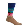 Crew socks in tan, blue, pink, and teal.  The design showcases a beach scene with sailboats and the word 'Hawaii'.