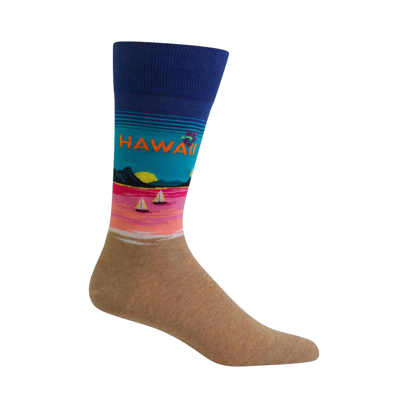 Crew socks in tan, blue, pink, and teal.  The design showcases a beach scene with sailboats and the word 'Hawaii'.