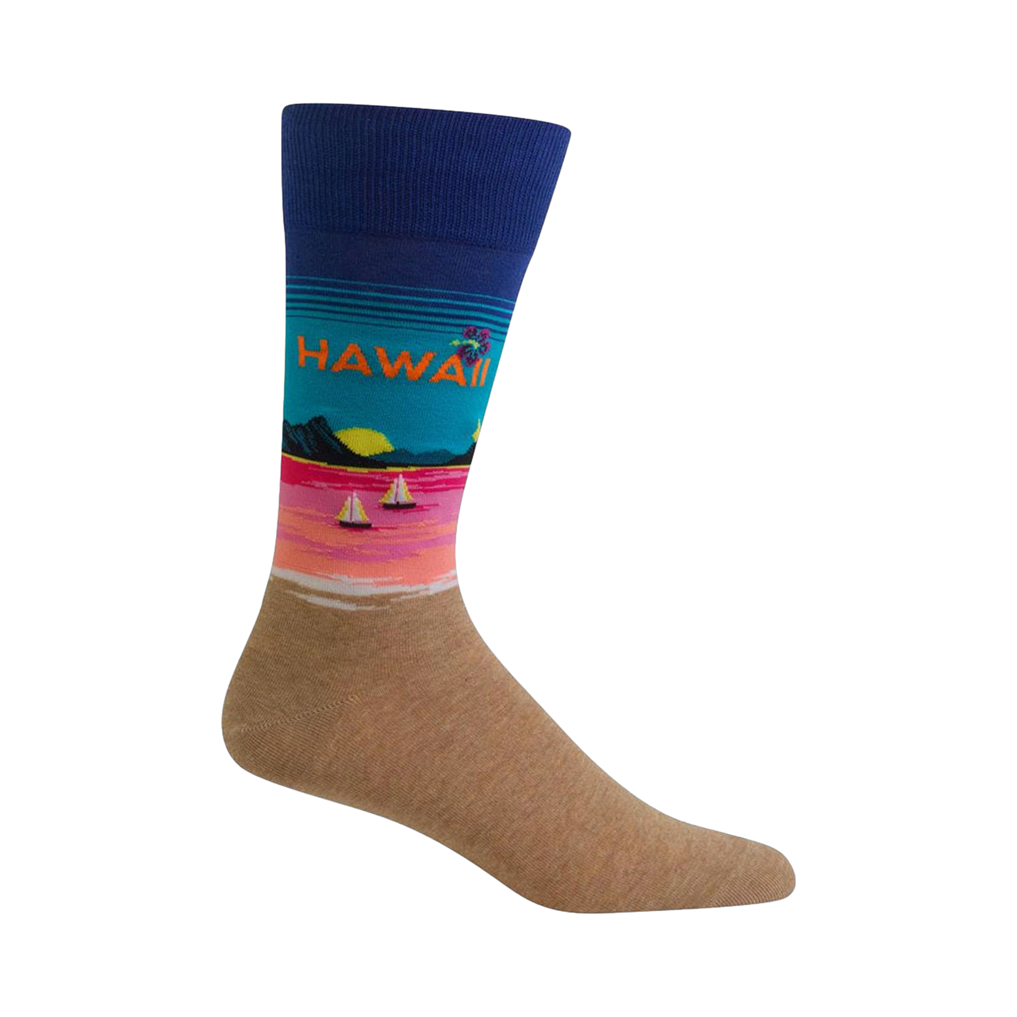 Crew socks in tan, blue, pink, and teal.  The design showcases a beach scene with sailboats and the word 'Hawaii'.