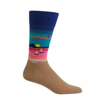 Crew socks in tan, blue, pink, and teal.  The design showcases a beach scene with sailboats and the word 'Hawaii'.
