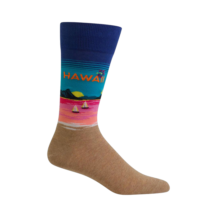 Crew socks in tan, blue, pink, and teal.  The design showcases a beach scene with sailboats and the word 'Hawaii'. }}